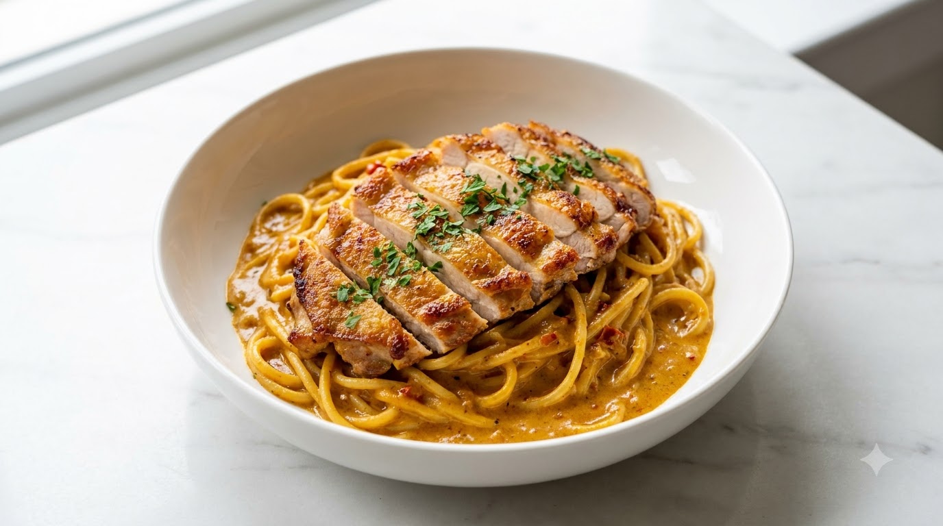 Pasta Cremosa con Curry y Milanesa de Pollo Picante