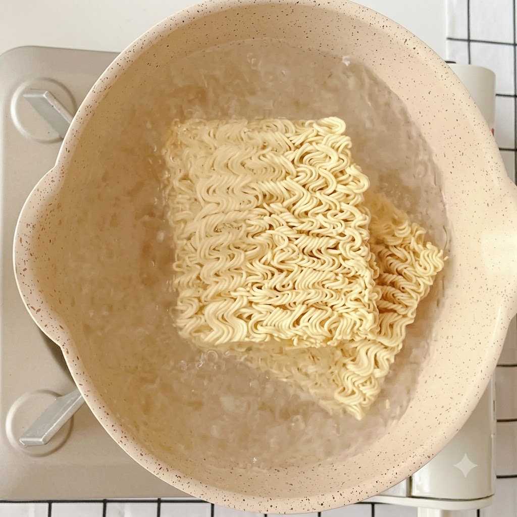 Dos bloques de fideos instantáneos colocados dentro de una olla con agua hirviendo en la estufa.