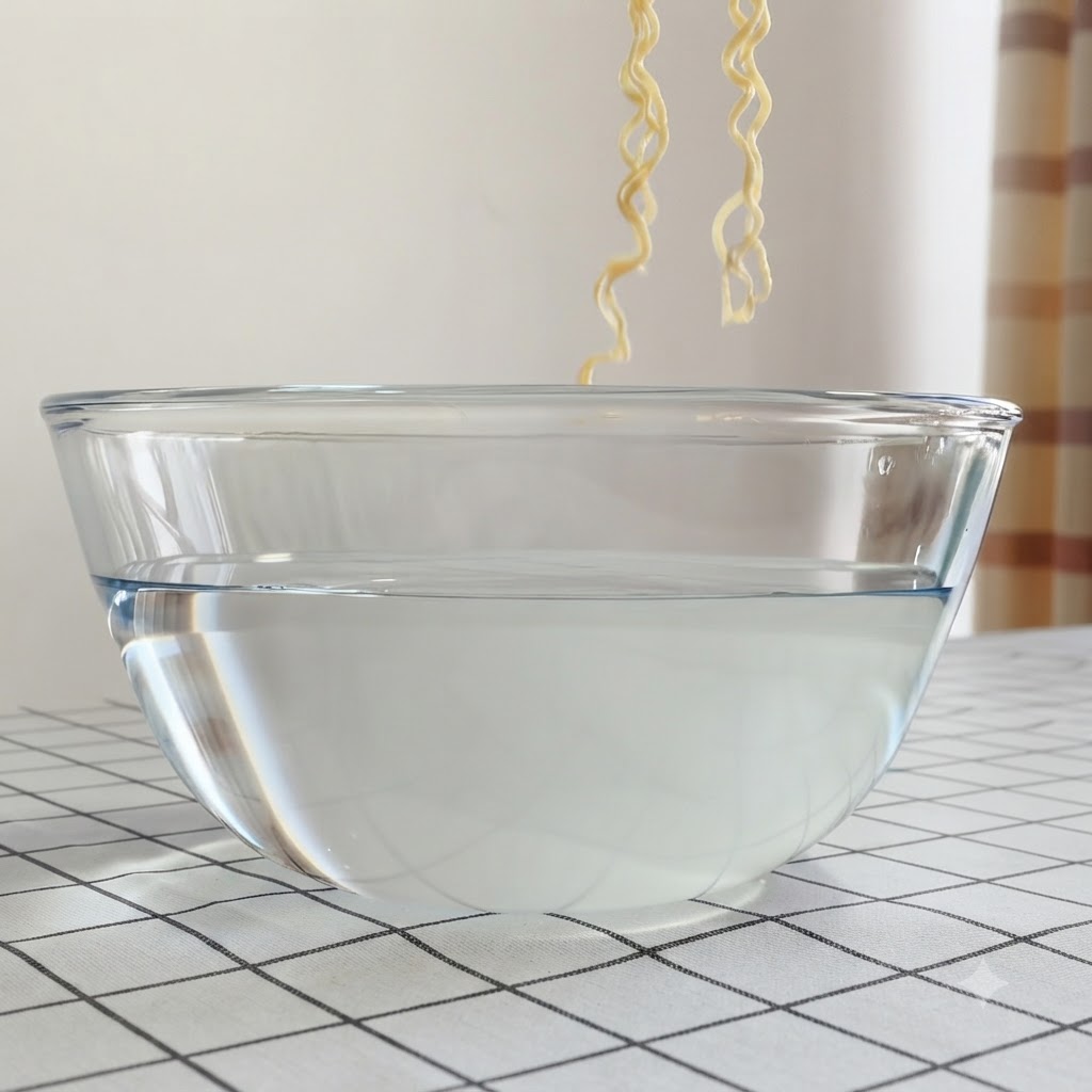 Fideos sumergiéndose en un bol de vidrio transparente lleno de agua fría.