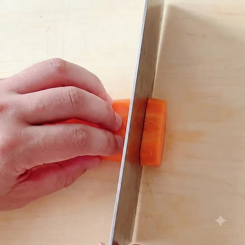 Zanahorias cortadas en pequeños cubos uniformes sobre una tabla de cortar de madera.