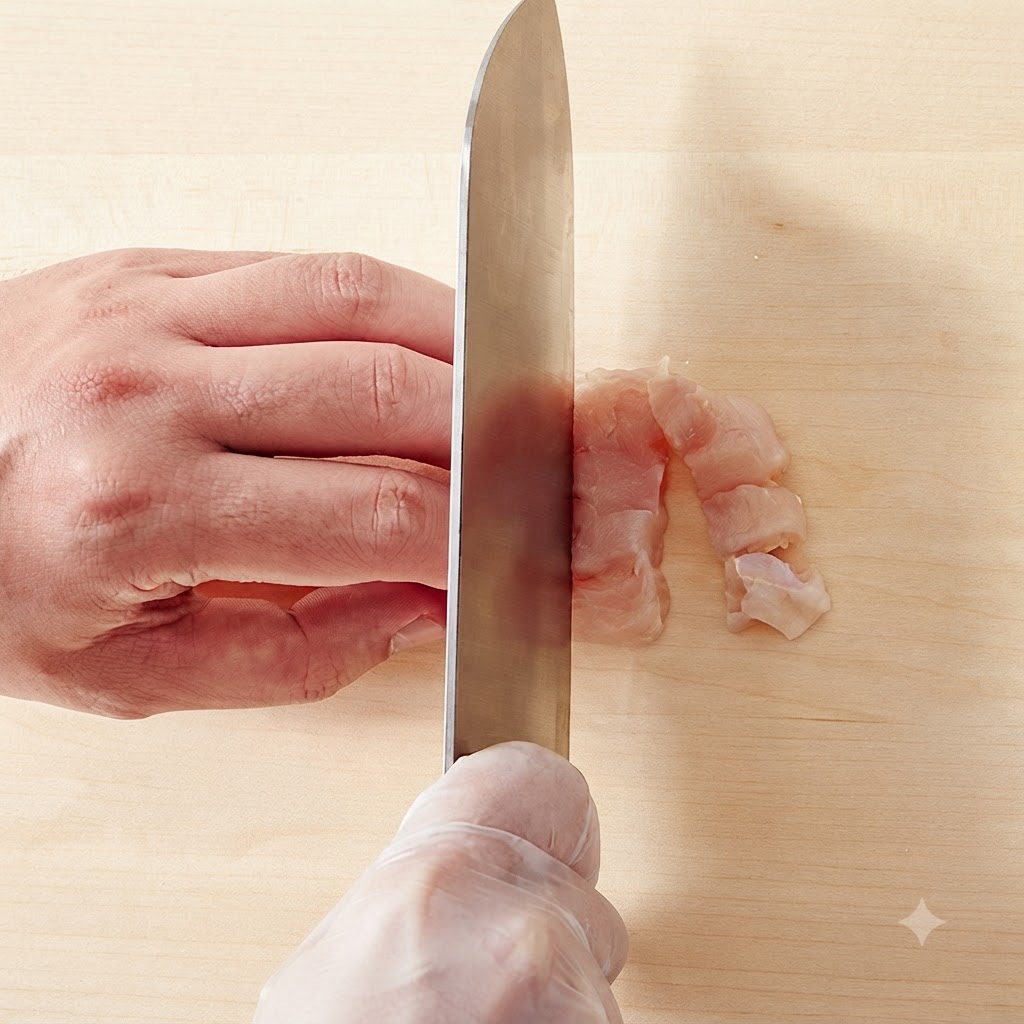 Pechuga de pollo cortada en trozos pequeños sobre una tabla de cortar de madera.