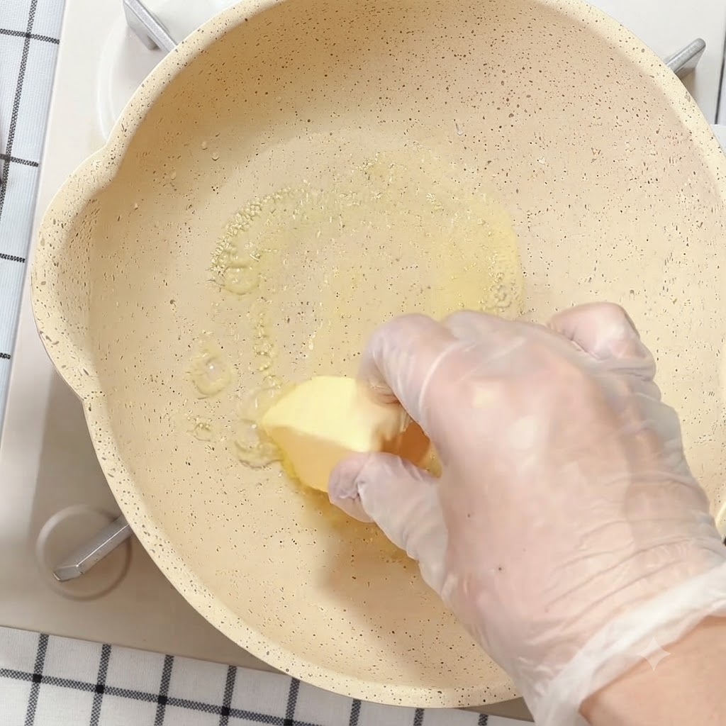 Un bloque de mantequilla amarilla derritiéndose en líquido en una sartén de cerámica antiadherente.