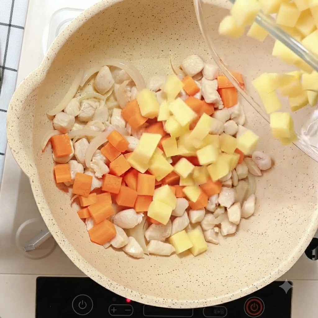 Cubos de patata amarilla vertidos en la sartén con el pollo, las zanahorias y las cebollas.