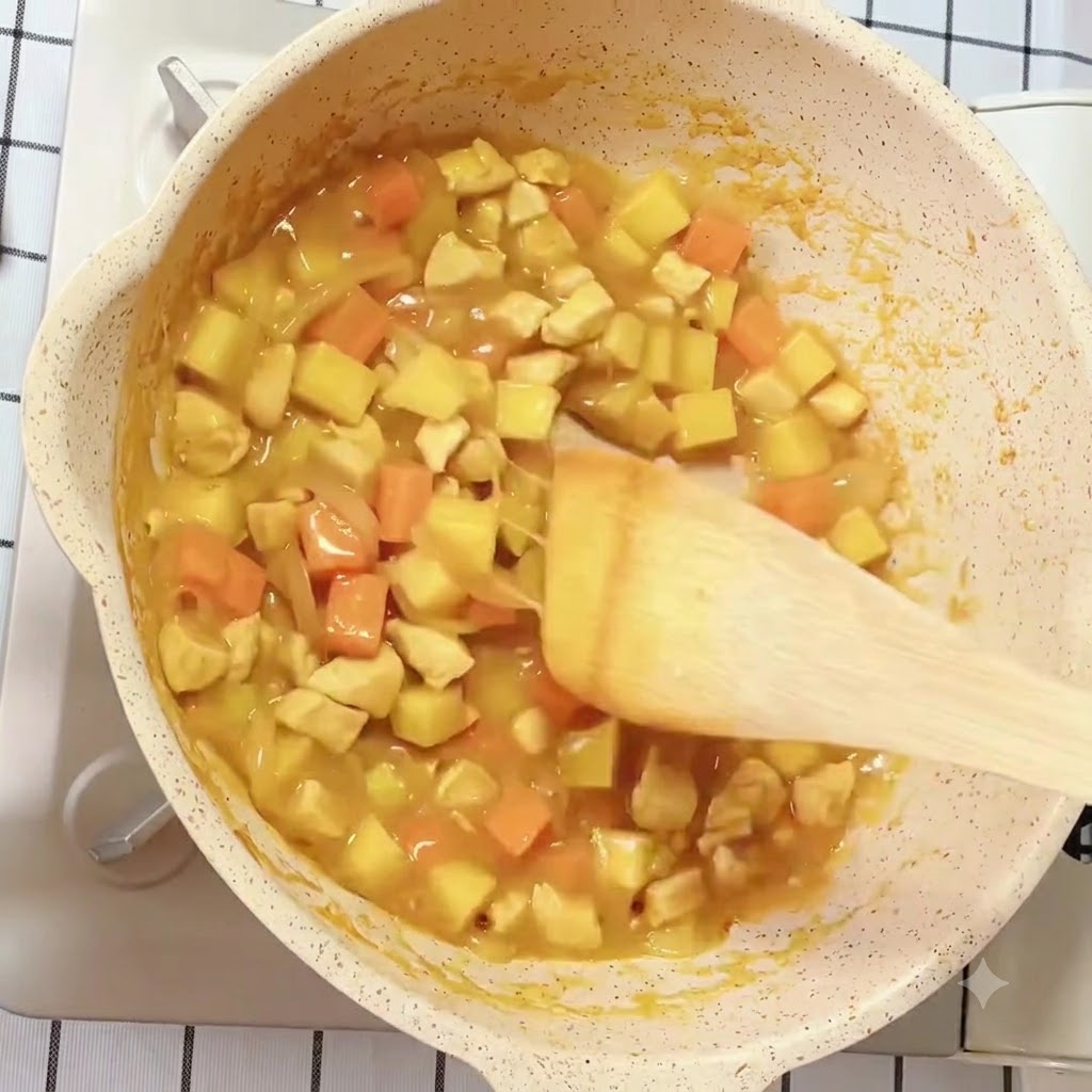 Salsa de curry con patatas, zanahorias y pollo cociendo a fuego lento y reduciéndose en una sartén.