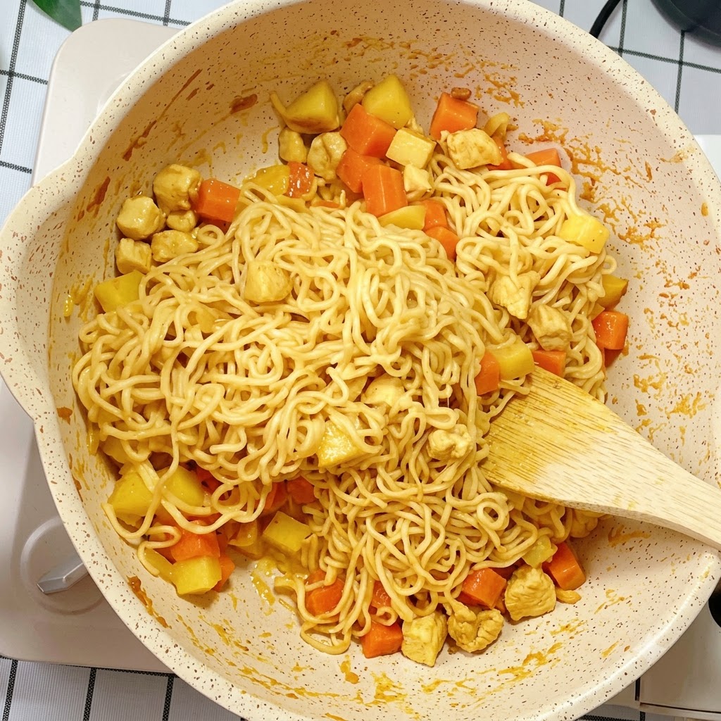 Fideos instantáneos e ingredientes de curry mezclados y salteados uniformemente dentro de una sartén para cocinar.