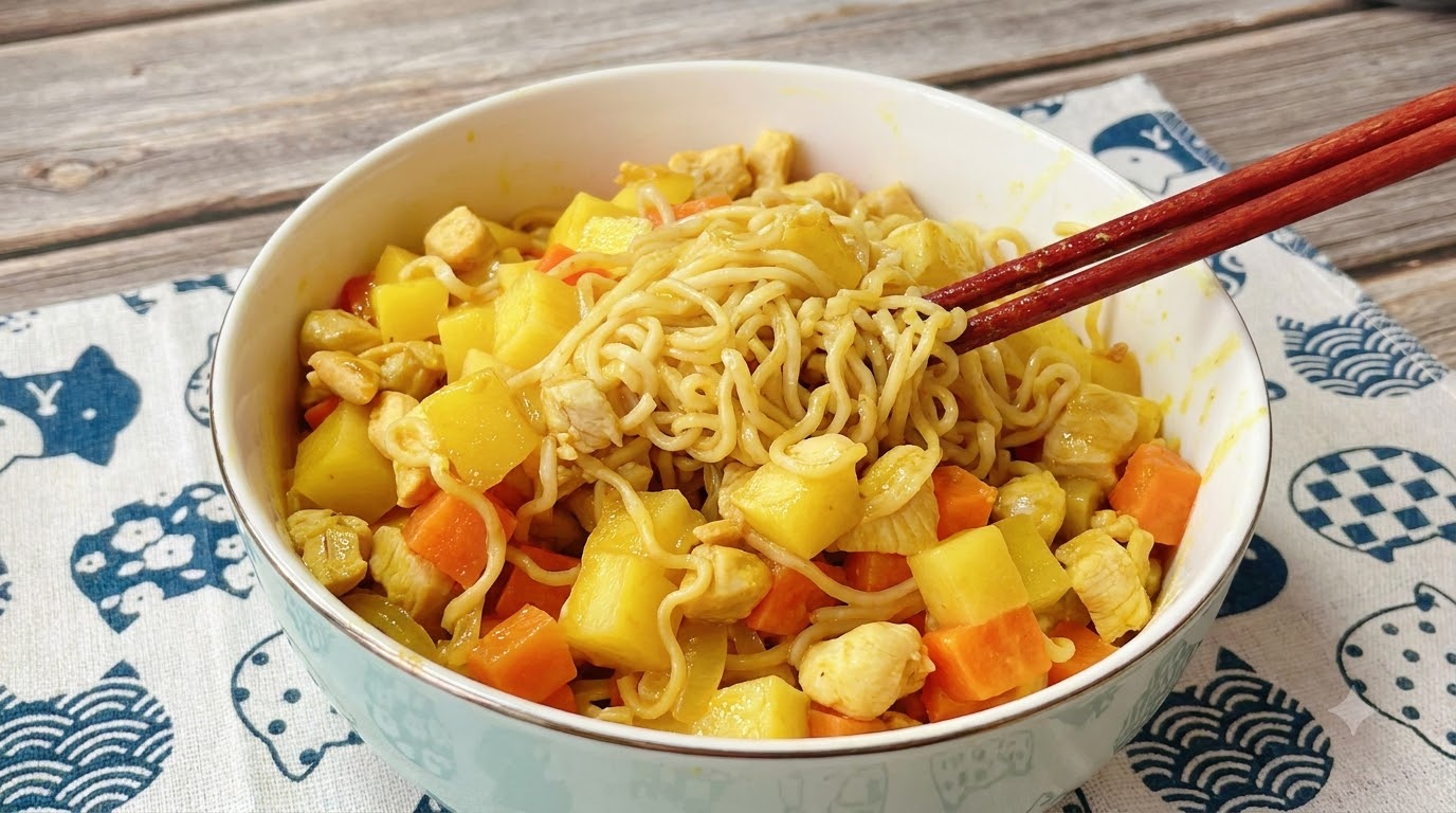 Fideos rápidos con pollo al curry, patatas y zanahorias