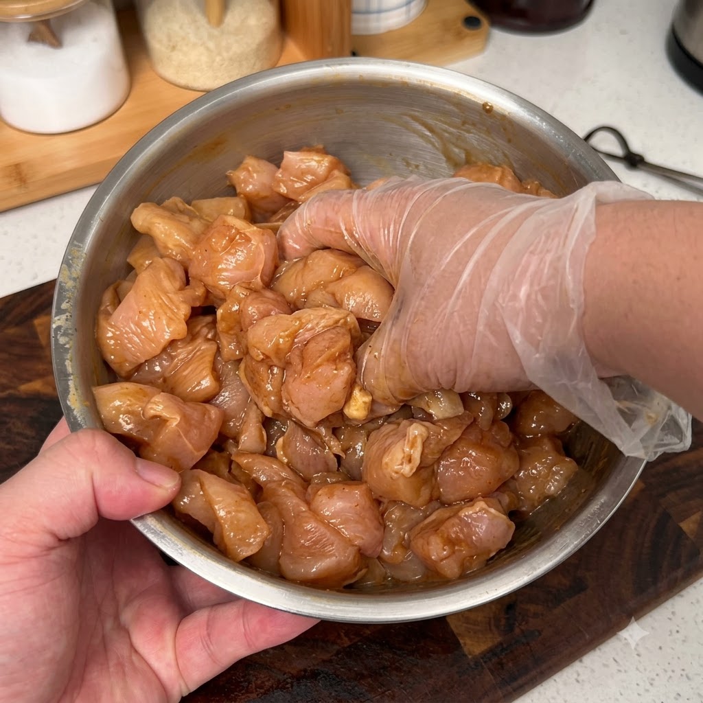 Trozos de pollo crudo en un bol mezclador de metal siendo cubiertos con condimentos a mano.