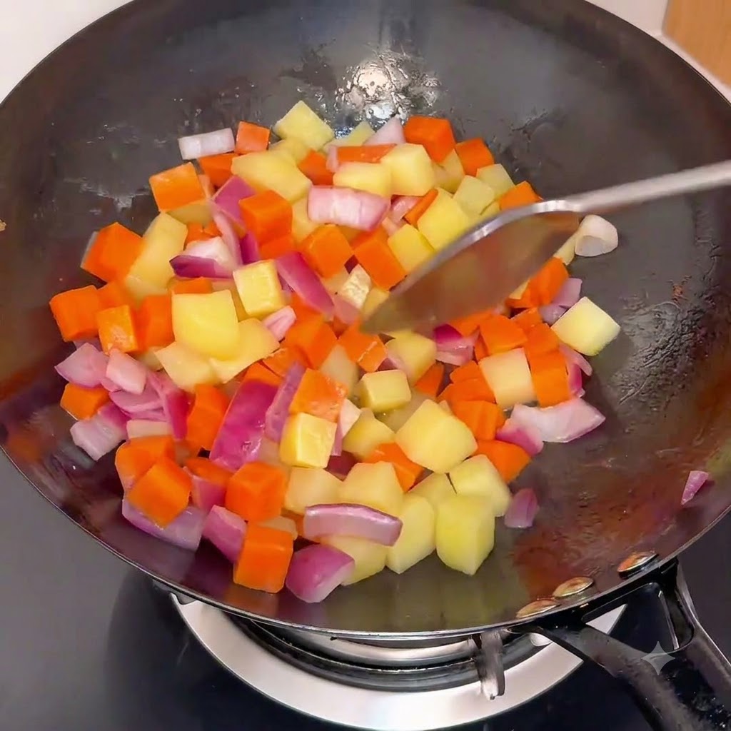 Patatas y zanahorias en cubos siendo mezcladas con cebollas en un wok caliente.