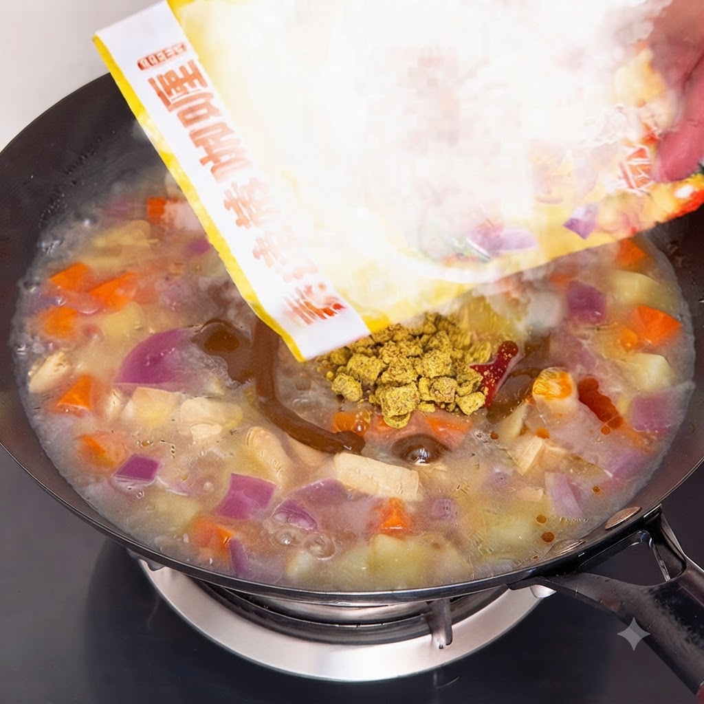 Cubos de curry siendo añadidos a la olla hirviendo de pollo, patatas y zanahorias con agua hirviendo.