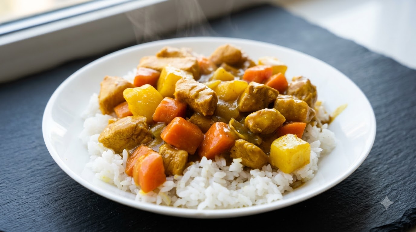 Un plato blanco de arroz blanco esponjoso cubierto con un curry de pollo espeso y brillante que contiene trozos tiernos de pollo, patatas y zanahorias.