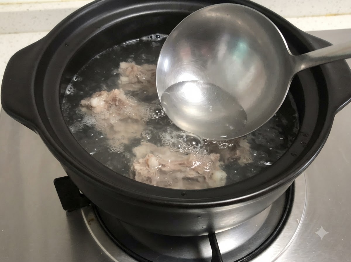 Un cucharón retirando la espuma gris de los huesos de cerdo hirviendo en una olla de barro.