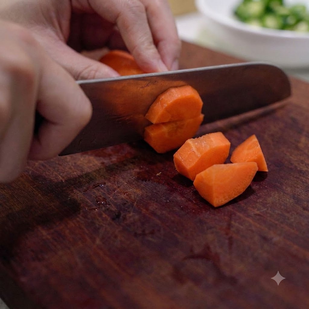 Una zanahoria fresca cortada en trozos pequeños sobre una tabla de cortar de madera con un cuchillo de cocina.