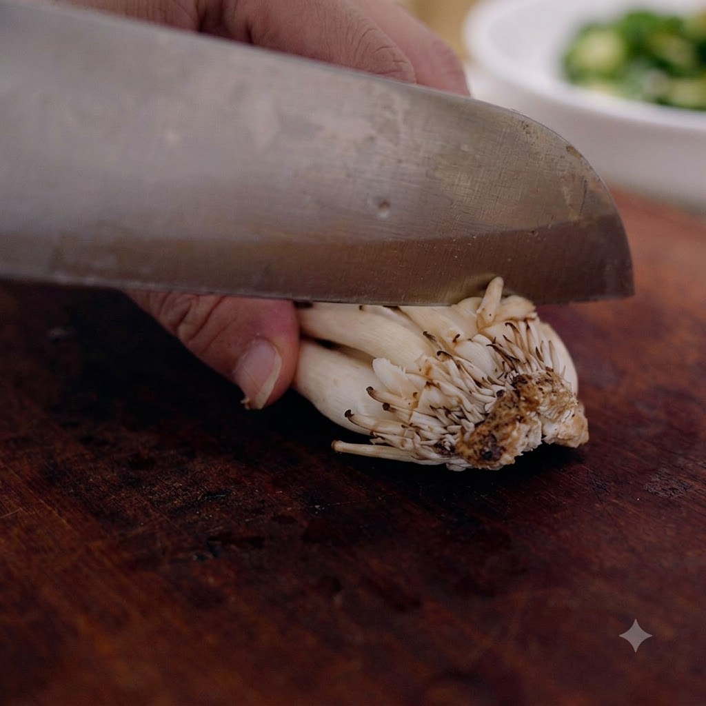 Champiñones shimeji recortados en la base sobre una tabla de cortar de madera.