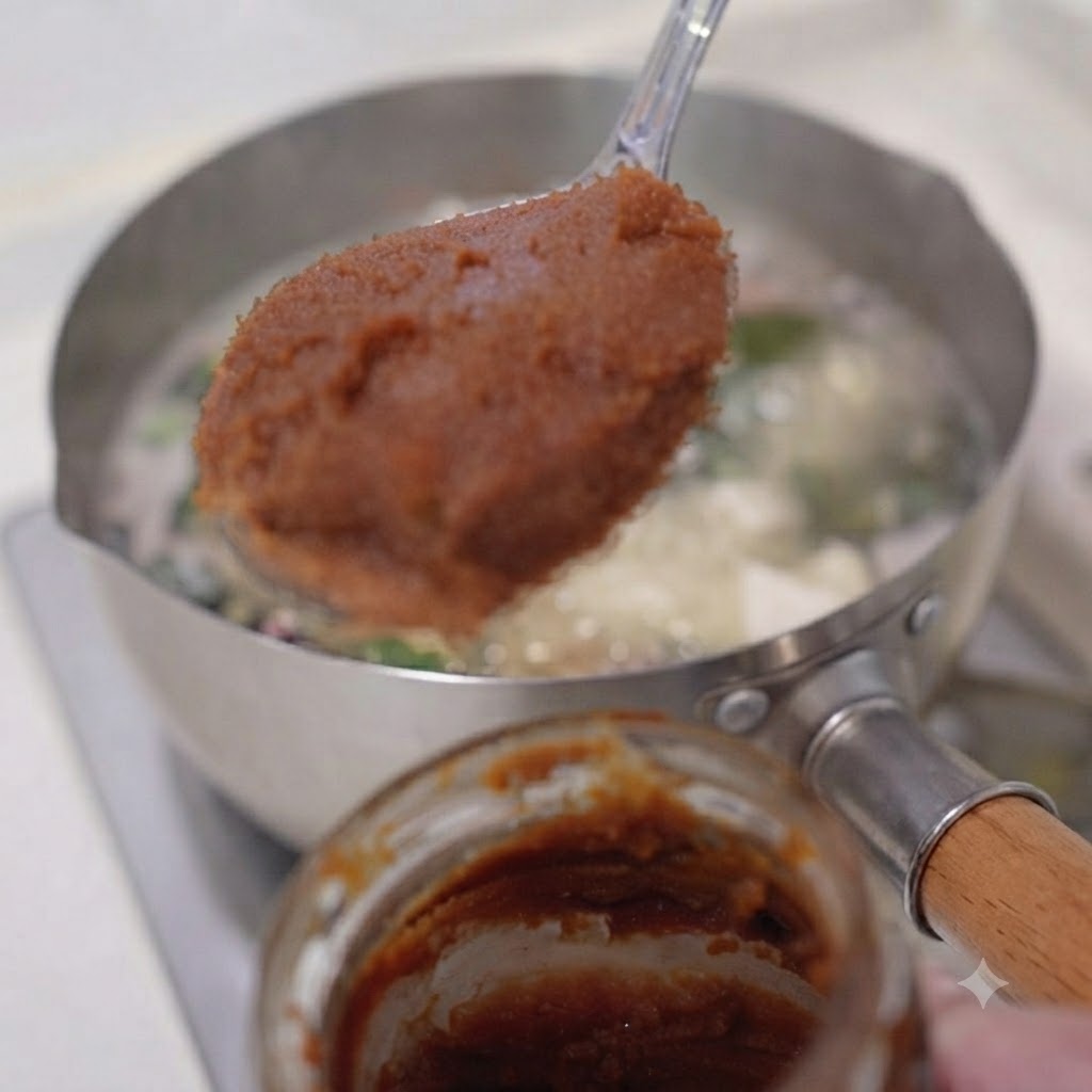 Una cucharada de pasta de miso marrón levantada sobre un frasco con la olla de sopa hirviendo a fuego lento en el fondo.