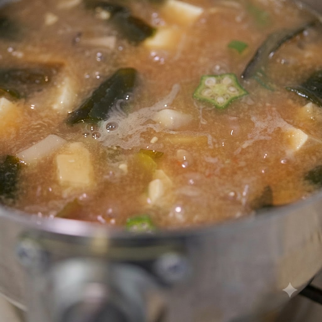 Una toma de cerca de la sopa de miso con okra hirviendo a fuego lento con trozos visibles de okra, tofú y champiñones mientras se revuelve.