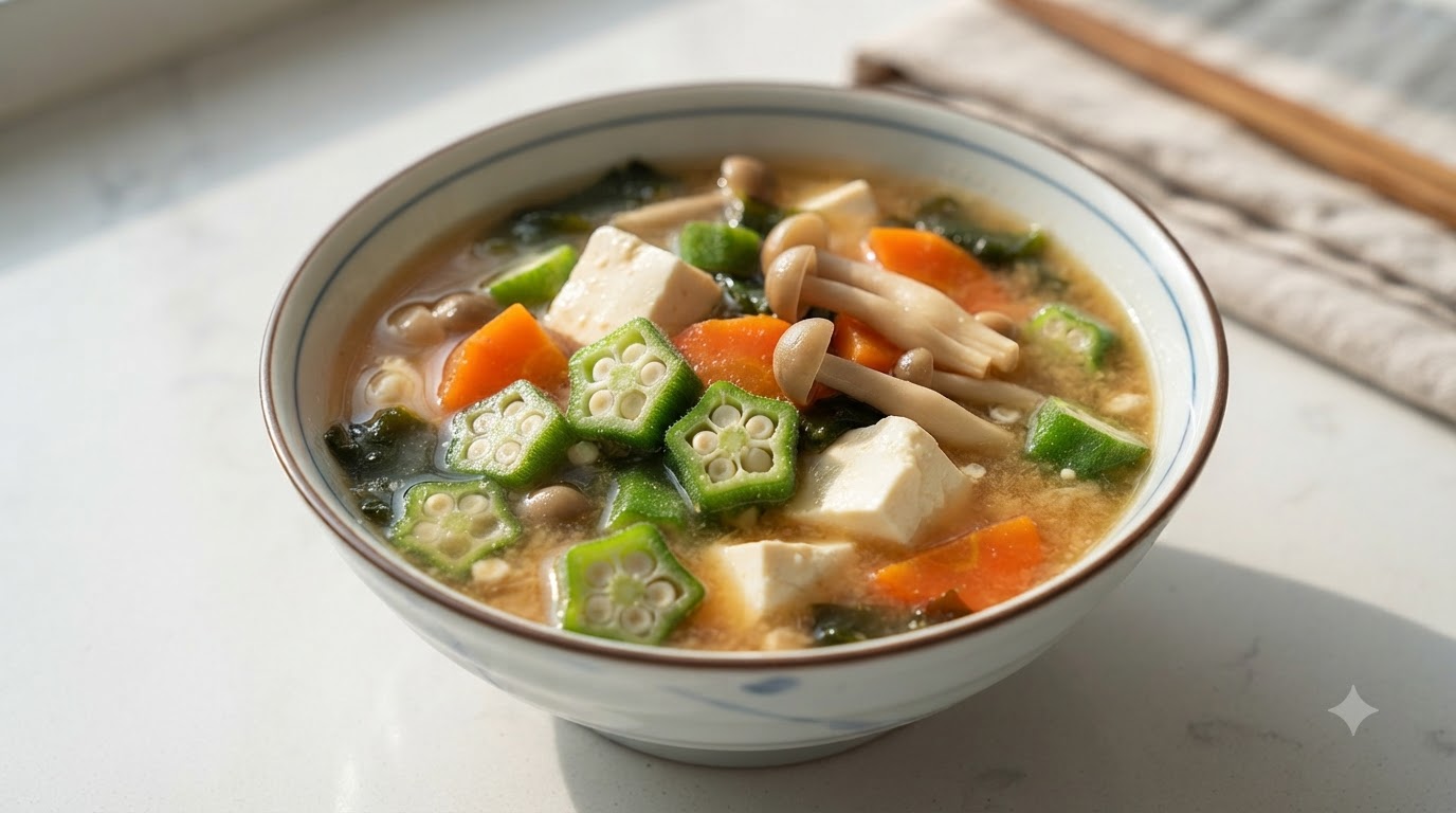 Un primer plano de una cuchara con sopa de miso con okra, llena de tofú, rodajas de okra, zanahorias y champiñones en un tazón.