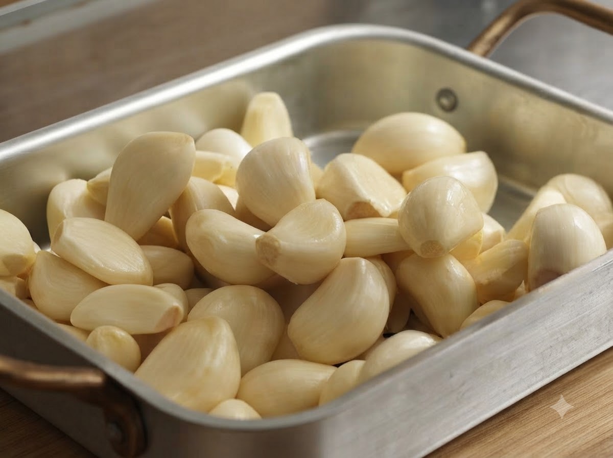 Dientes de ajo pelados reunidos dentro de una bandeja de metal para horno.