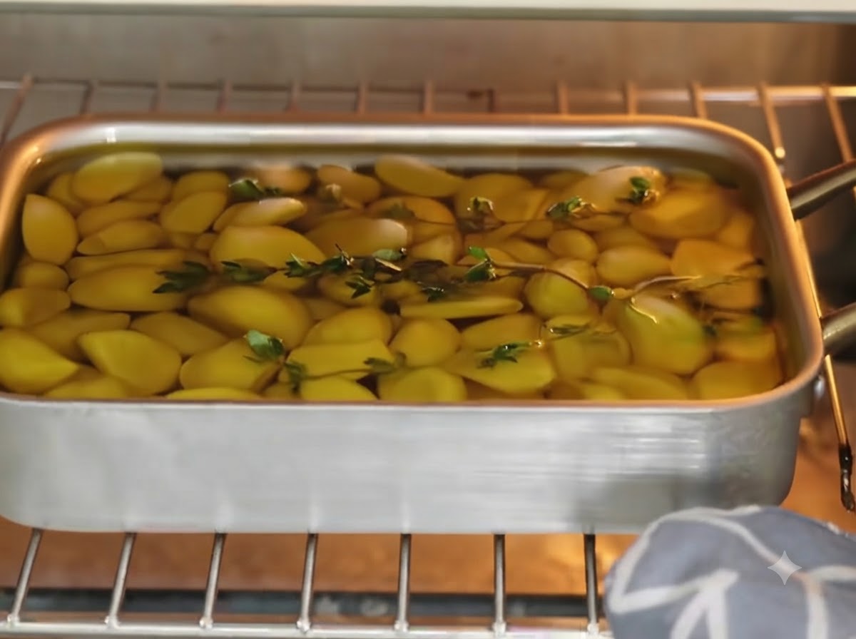Una bandeja de horno que contiene ajo, aceite y tomillo siendo deslizada en una rejilla del horno.