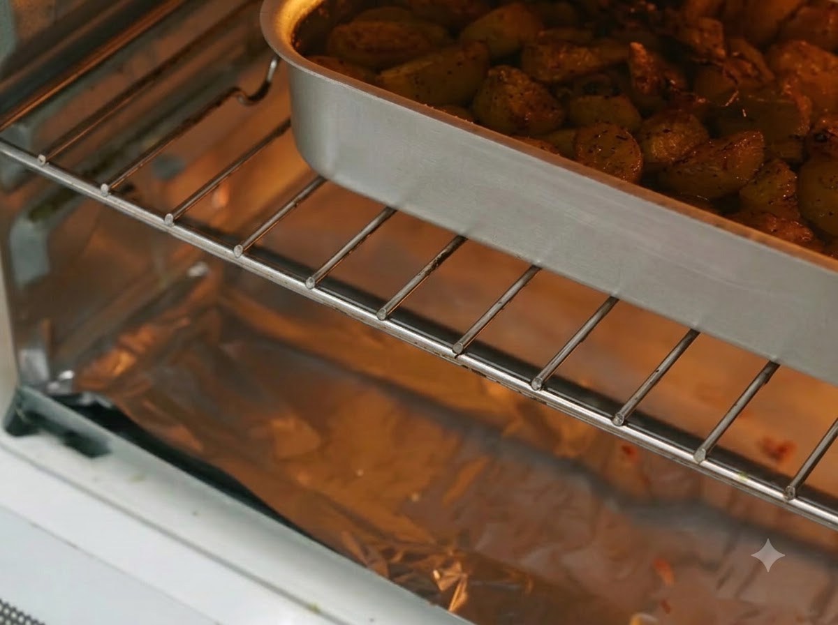 Una bandeja de horno sacada del horno mostrando dientes de ajo dorados y tiernos listos para usar o almacenar.