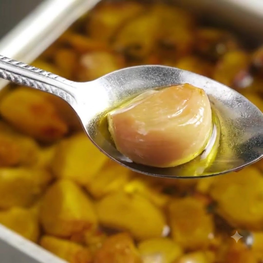 Una vista de cerca de una cuchara presionando un diente de ajo asado dorado para formar una pasta suave.