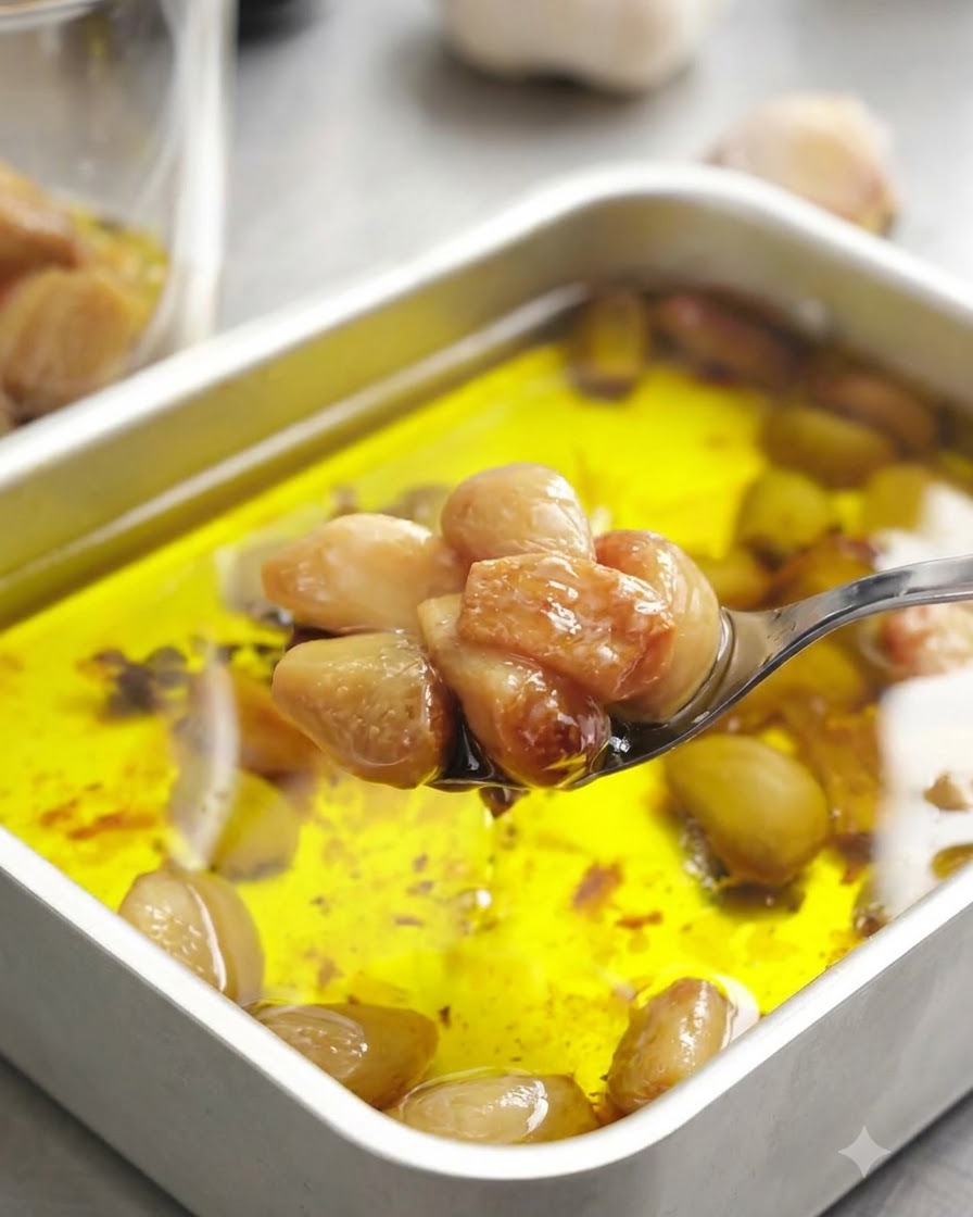Dientes de ajo asado siendo recogidos con una cuchara y colocados en un frasco de vidrio.