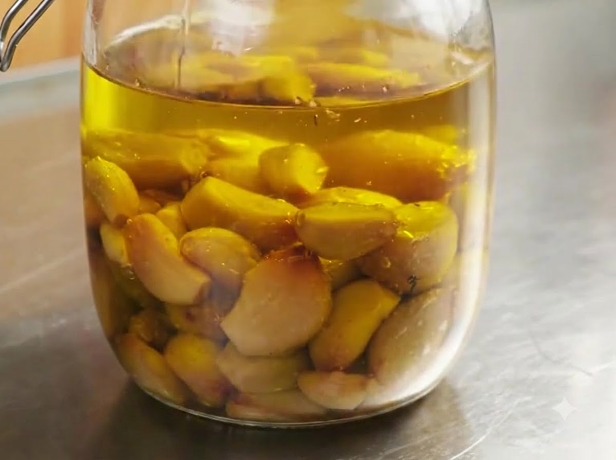Un frasco de vidrio sellado lleno de confit de ajo dorado sumergido en aceite de oliva transparente.