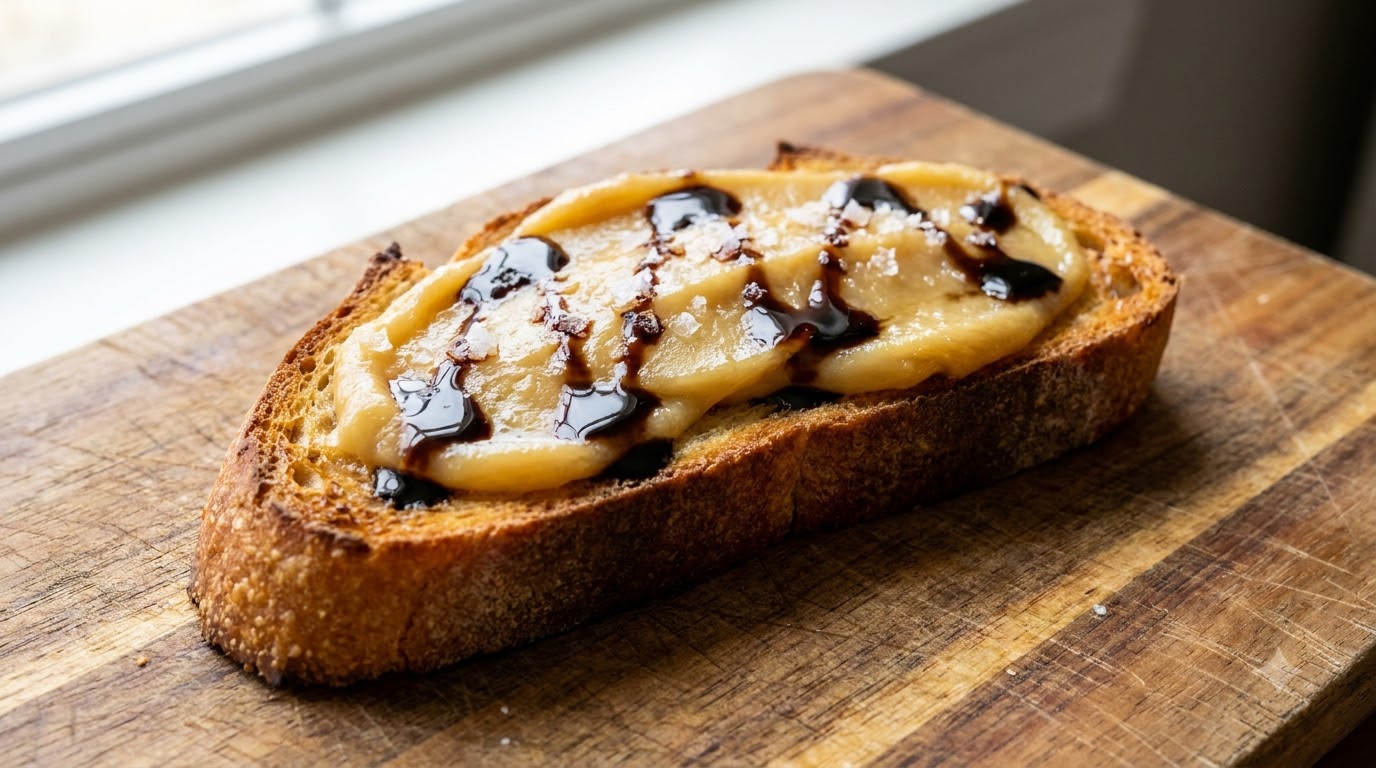 Una vista de cerca de una rebanada de baguette tostada untada con confit de ajo dorado, rociada con vinagre balsámico oscuro y espolvoreada con sal marina, sostenida por una mano.
