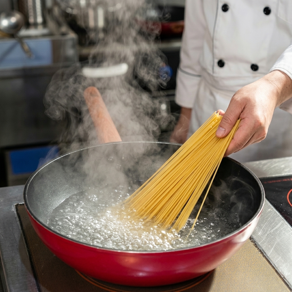 Pasta de espagueti seca siendo colocada en una olla con agua hirviendo.