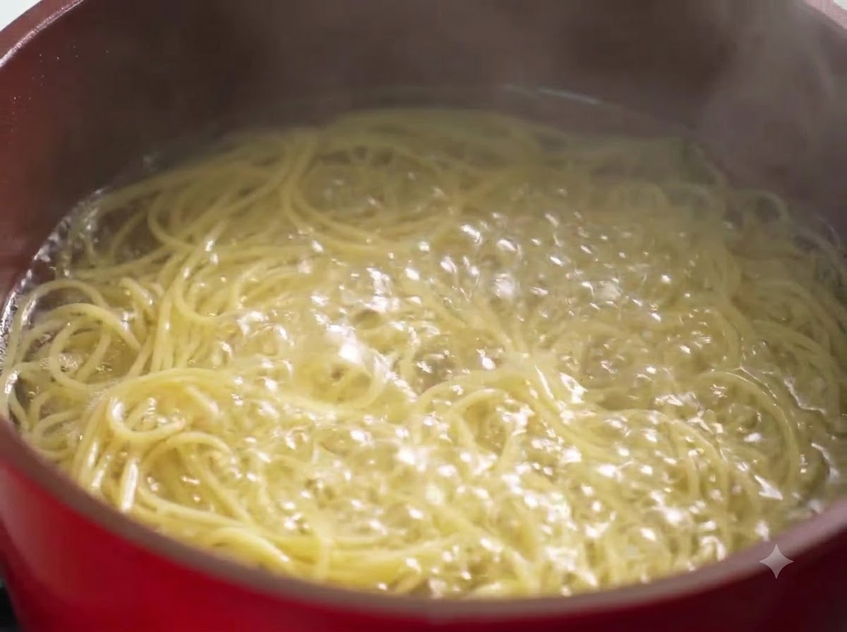 Pasta de espagueti cocinándose en agua hirviendo.