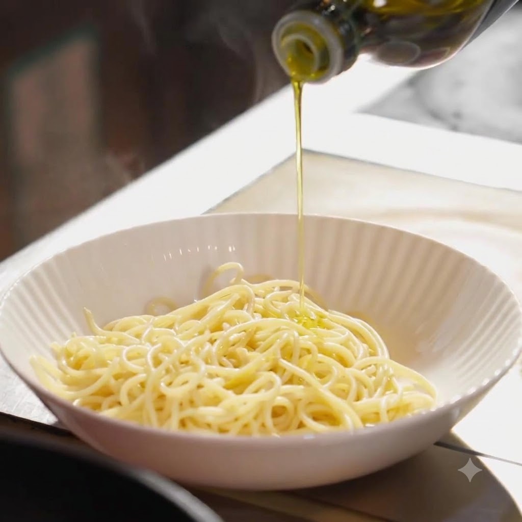 Aceite de oliva siendo rociado sobre la pasta cocida en un tazón.