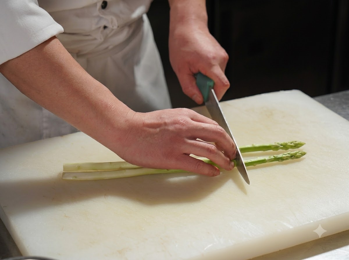 Chef cortando tallos de espárragos en una tabla de cortar.