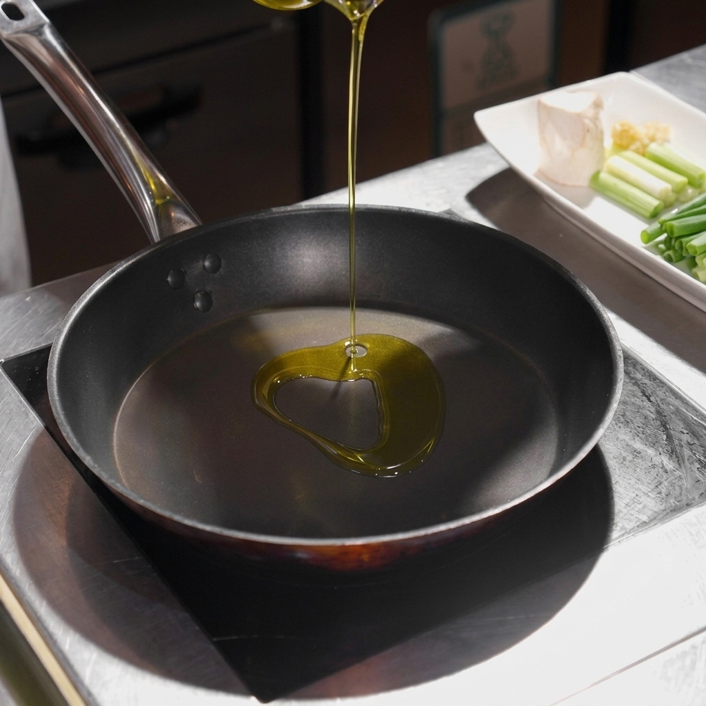 Aceite de oliva siendo vertido desde un recipiente pequeño hacia el centro de una sartén caliente.