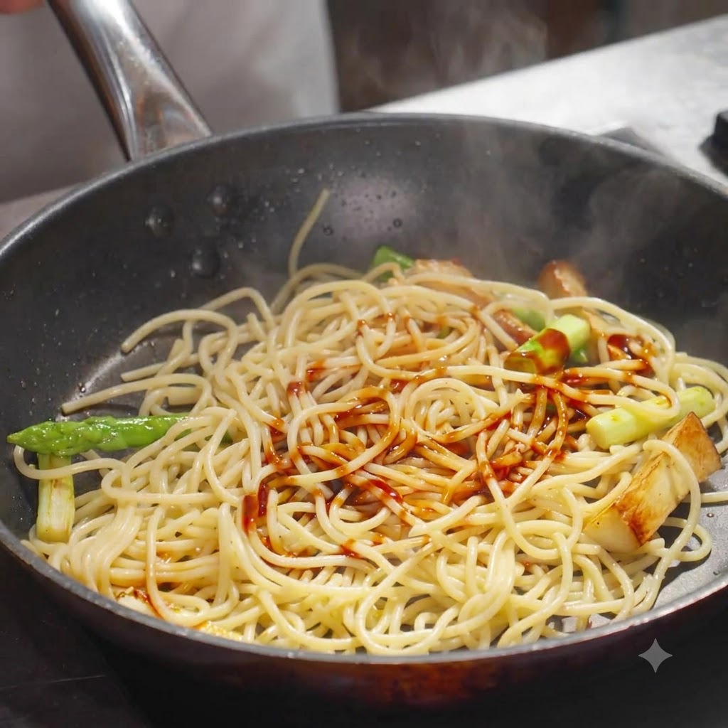 Espagueti mezclado con verduras en la sartén, rociado con salsa de soya y salsa de ostras.