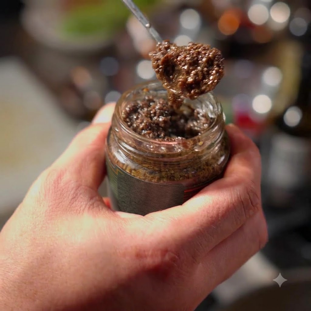 Una cucharada de salsa de trufa negra sostenida sobre un frasco de vidrio, lista para ser añadida.