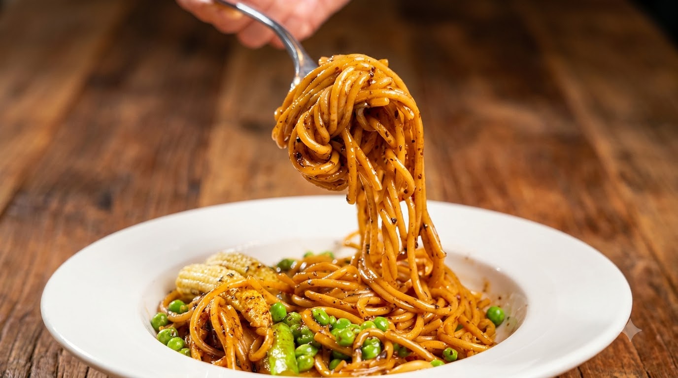 Pasta con Trufa Negra Italiana y Hongos Silvestres con Espárragos