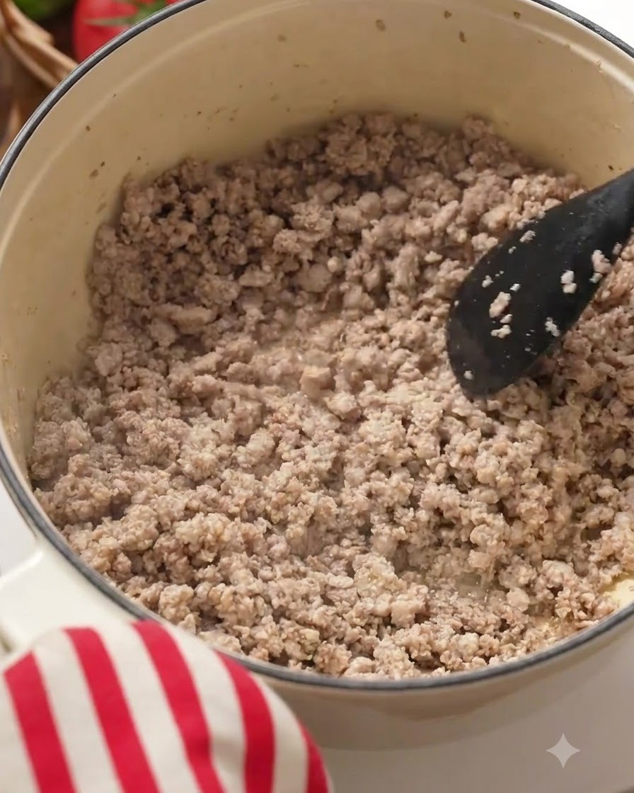 Ajo picado siendo vertido sobre la mezcla de carne dorada dentro de la olla de cocción.