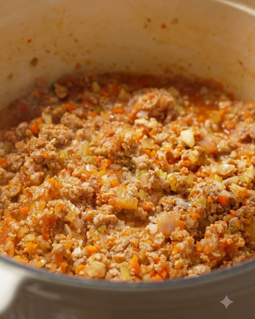 Sal y pimienta negra siendo molidas en la olla de cocción que contiene la carne y las verduras.