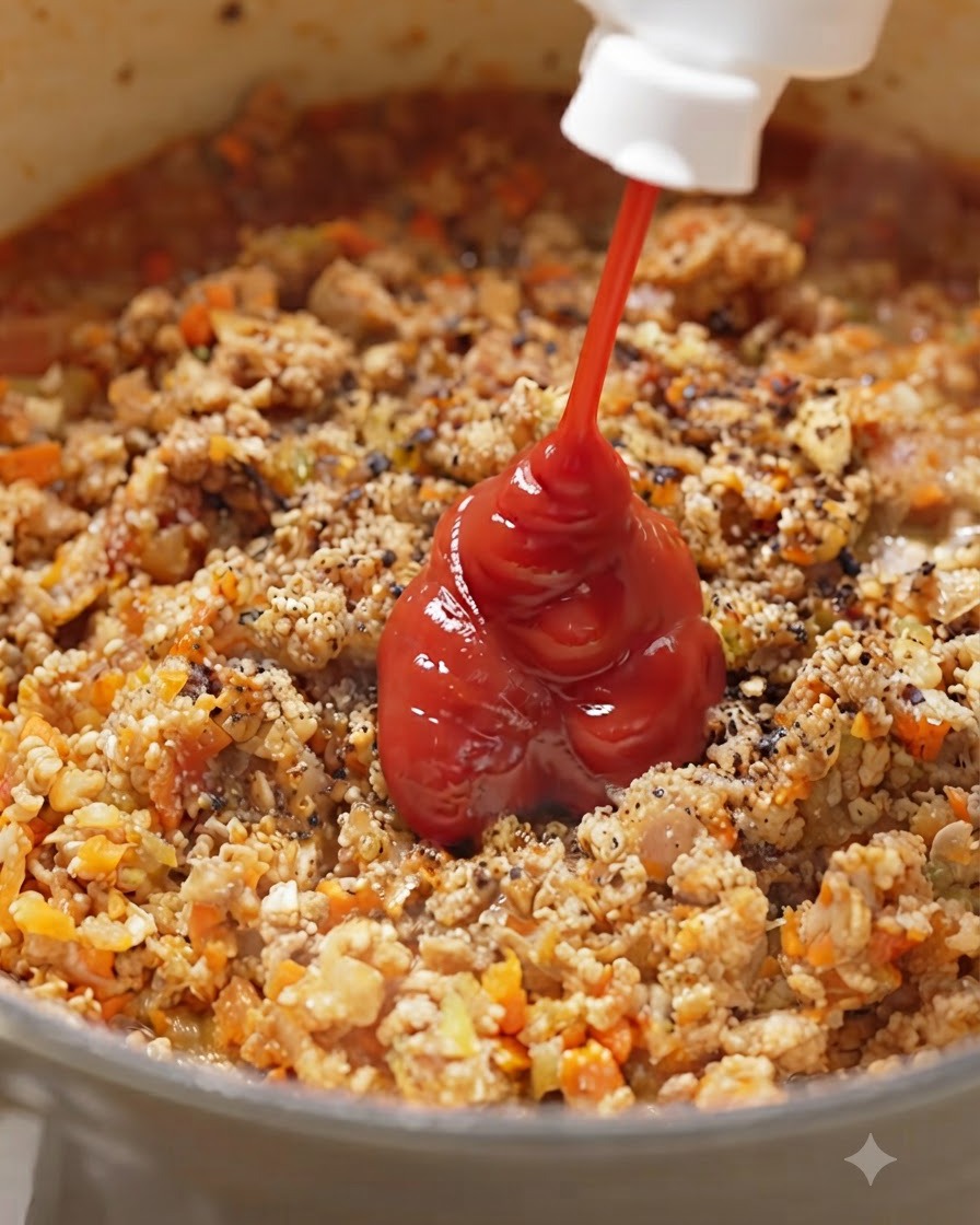 Kétchup siendo exprimido directamente en la mezcla sazonada de carne y verduras.