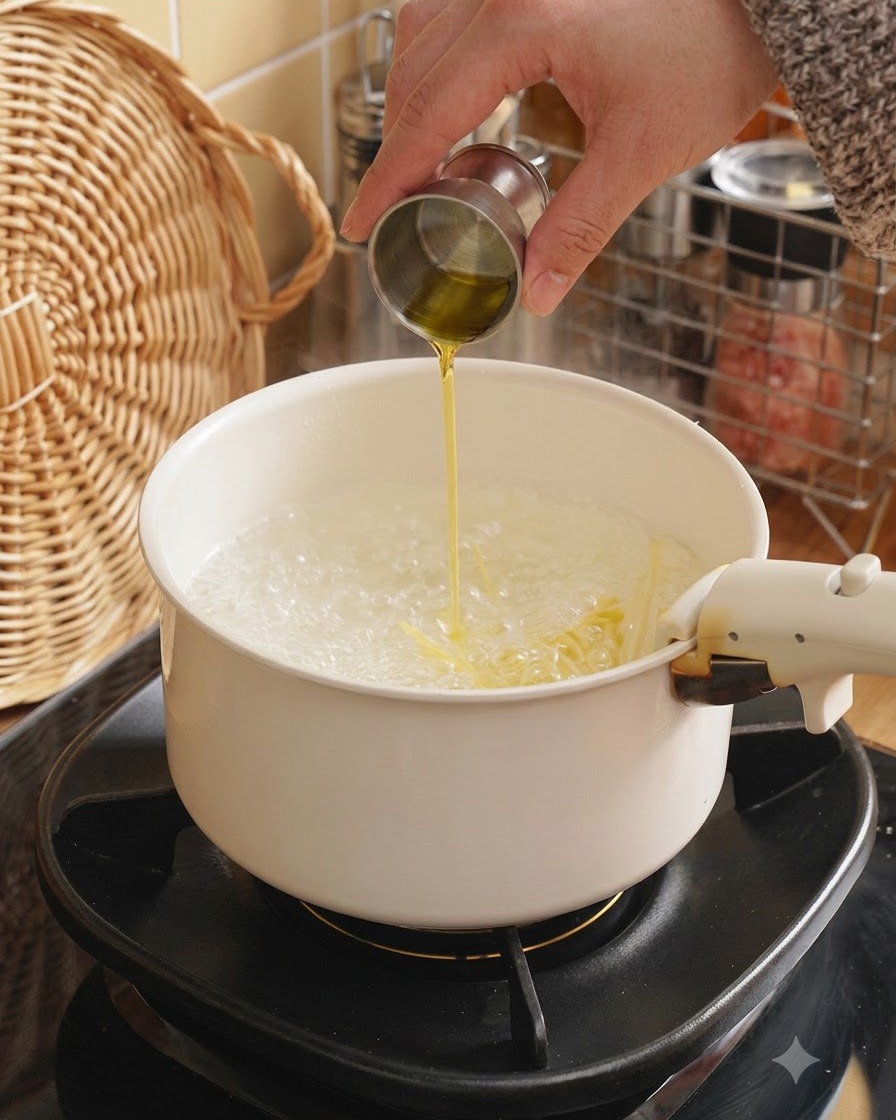 Aceite de oliva siendo vertido desde una taza medidora en una olla con agua hirviendo en la estufa.