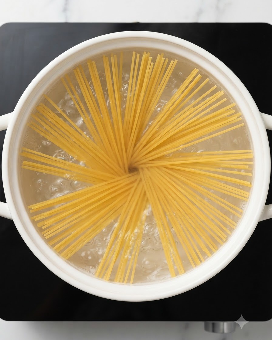 Fideos de espagueti secos dispuestos en forma de estrella dentro de una olla de agua hirviendo.