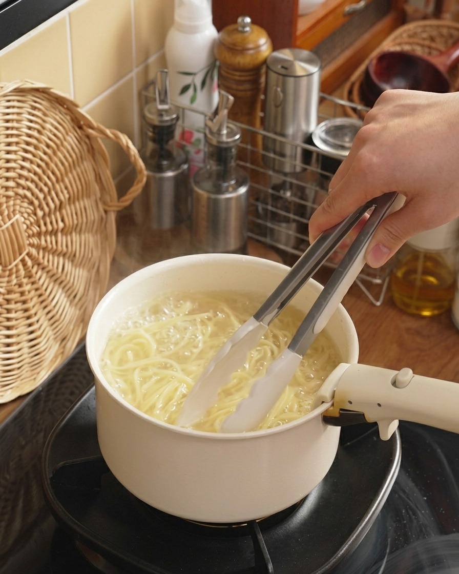 Pinzas removiendo fideos de espagueti que se cocinan en agua hirviendo.