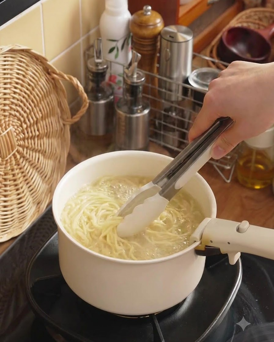 Pinzas levantando hilos de espagueti cocidos fuera de la olla.