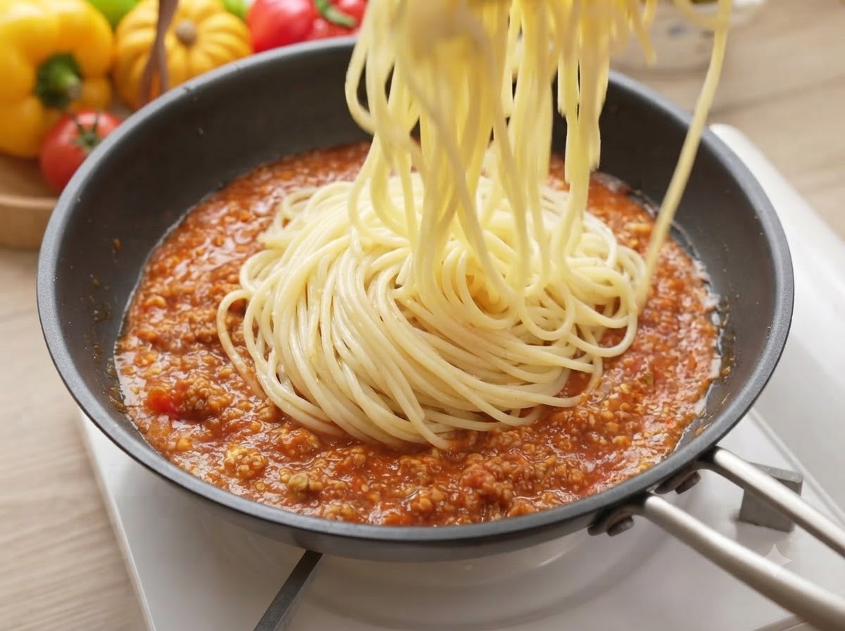 Fideos de espagueti siendo mezclados en la salsa de carne de tomate a fuego lento en una sartén usando pinzas.