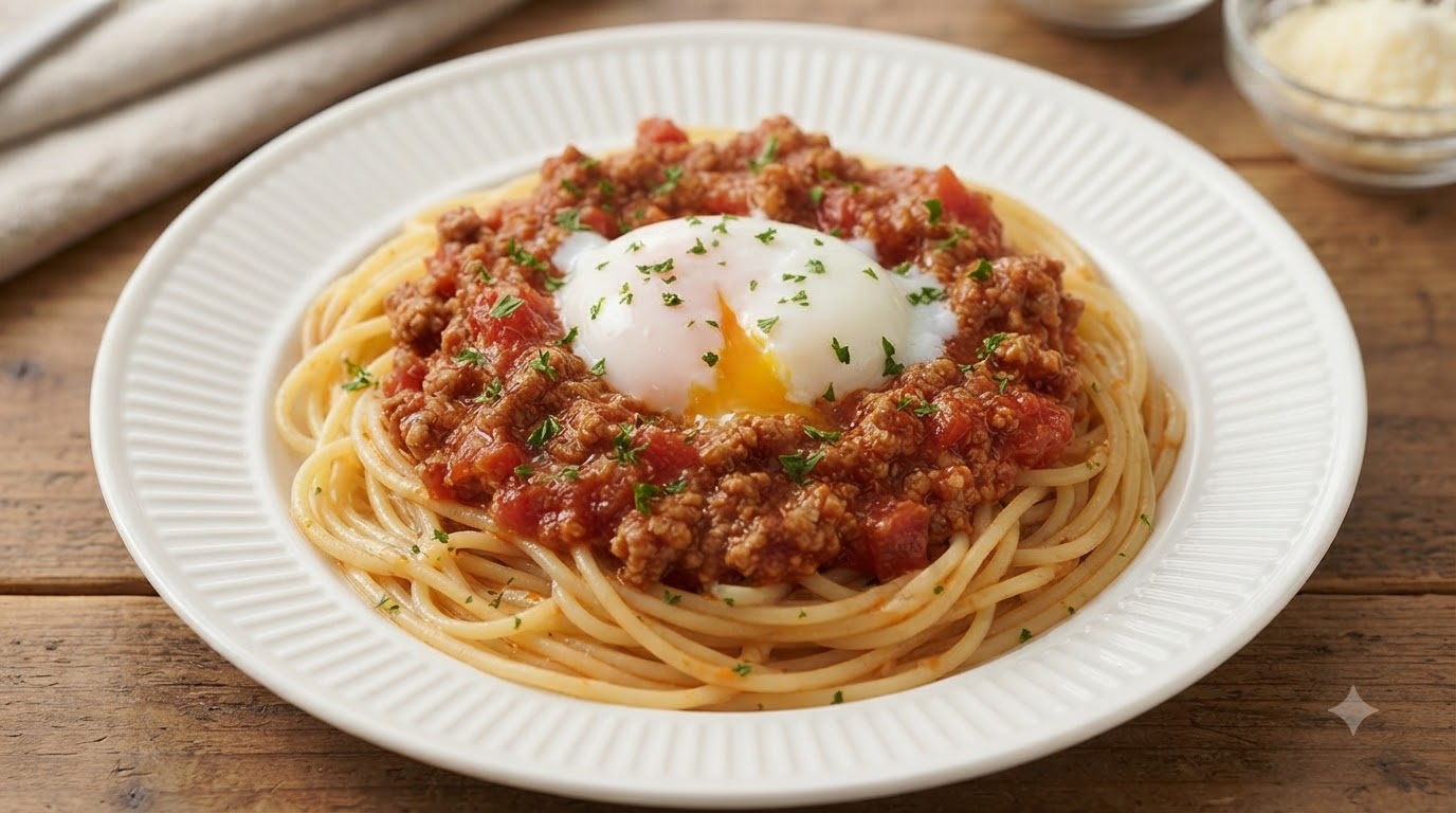Espaguetis Clásicos con Salsa de Carne a la Boloñesa y Huevo Blando