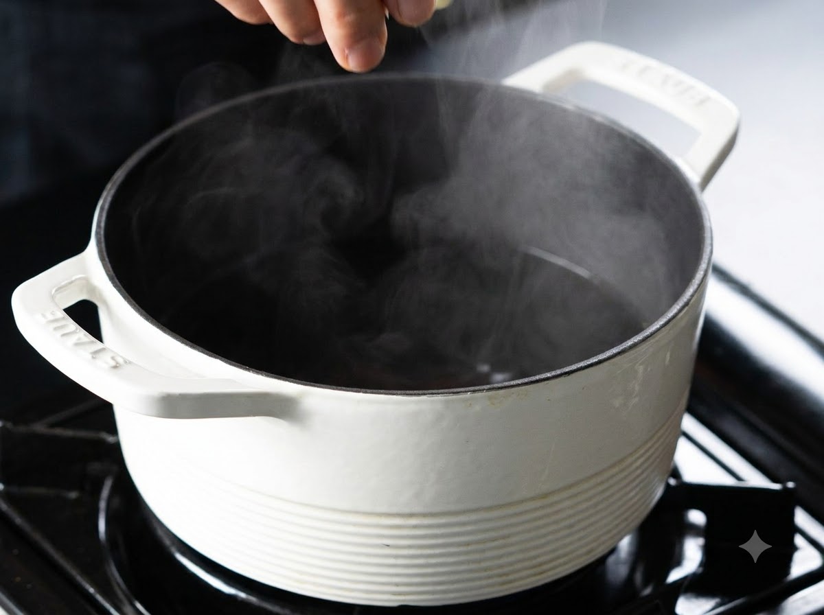 Una persona rociando sal en una olla blanca grande llena de agua hirviendo.