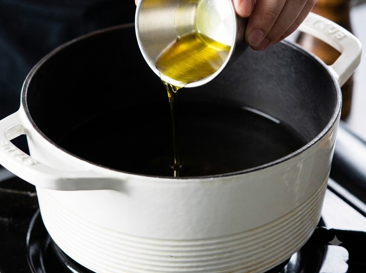Aceite de oliva siendo vertido desde una pequeña taza medidora de metal en una olla con agua hirviendo.
