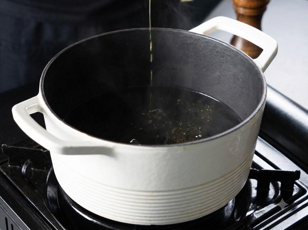 Corrientes de agua y vapor elevándose mientras la pasta se cocina dentro de una olla hirviendo.