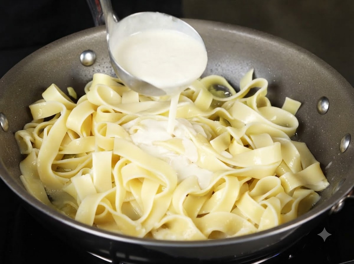 Crema de leche siendo vertida desde un cucharón en la sartén con pasta.