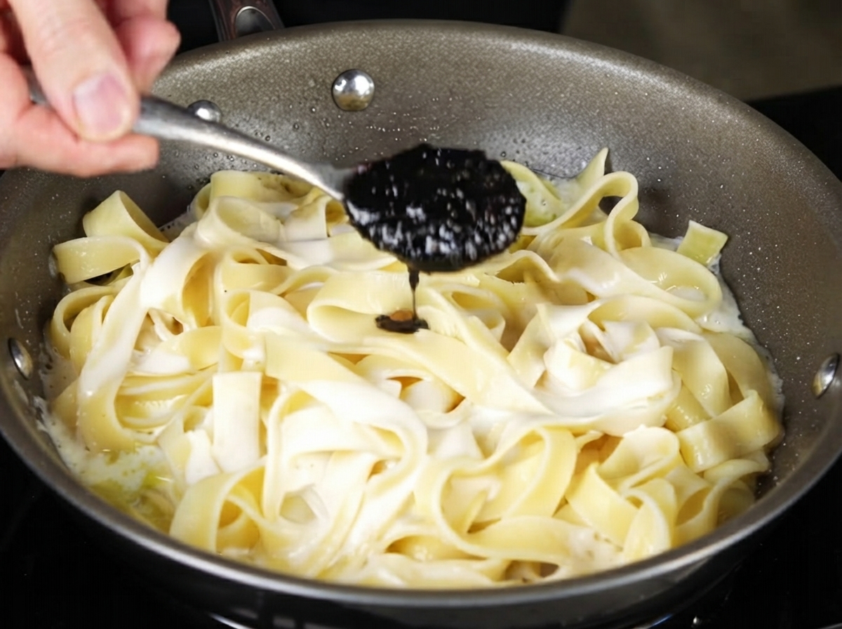 Salsa de trufa negra cayendo desde una cuchara sobre la pasta en la sartén.