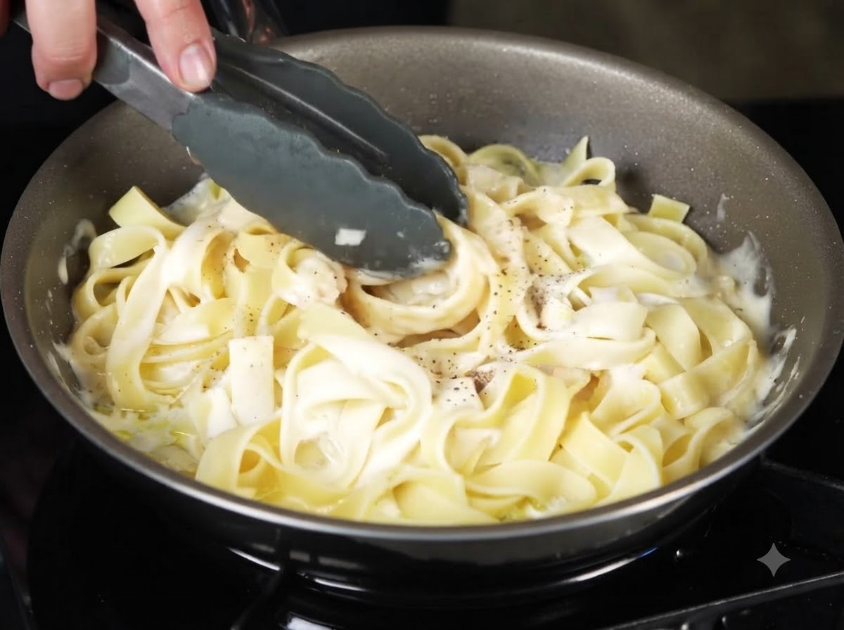 Pinzas mezclando y revolviendo la pasta cremosa de trufa negra en la sartén.